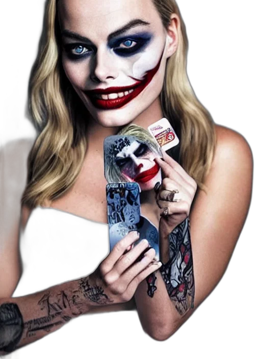 comic book art, concept art, cartoon, photorealistic, beautiful, margot, robbie, joker transparent PNG cut-out