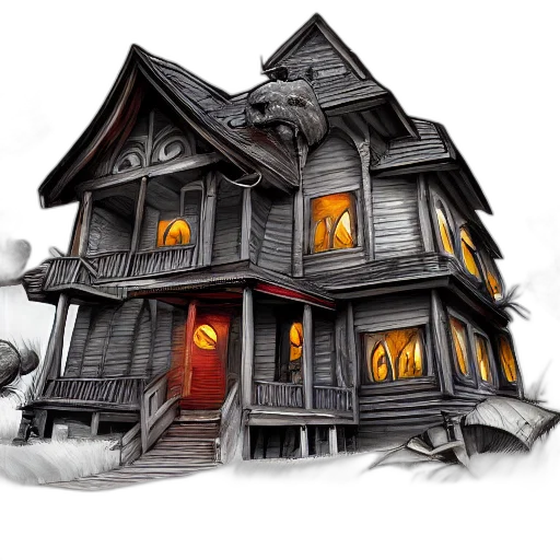 building, concept art, 3d render, fantasy art, photorealistic, fire, monster, house transparent PNG cut-out