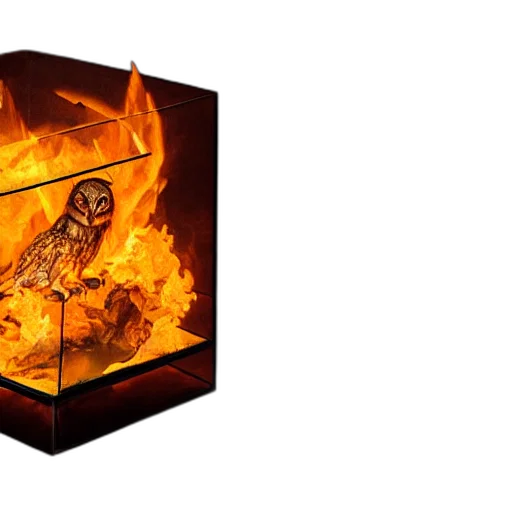 furniture, jacket, 3d render, fire, owl, shape, cube, inside transparent PNG cut-out