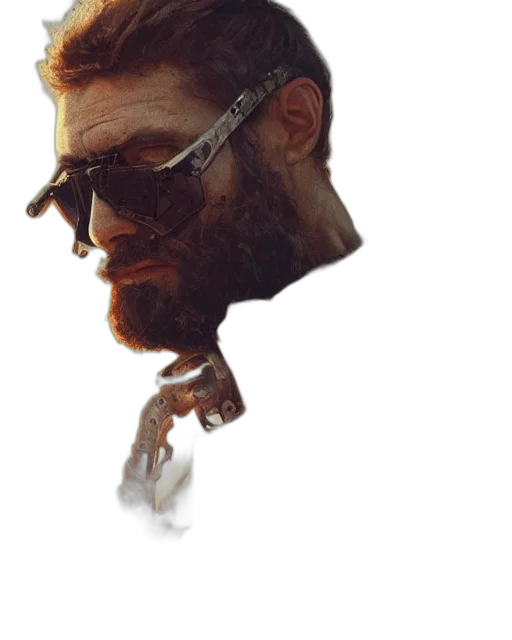 face, jacket, staff, weapon, concept art, photorealistic, cyberpunk, 3d render transparent PNG cut-out