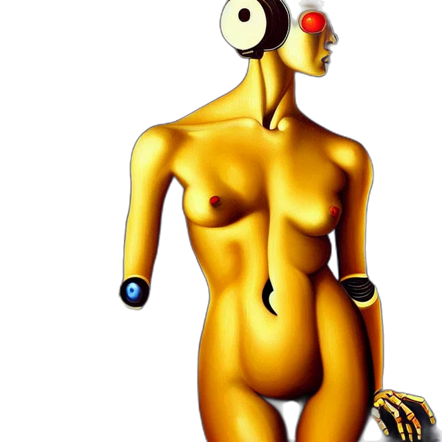 robot, jewelry, dress, mask, concept art, 3d render, photorealistic, comic book art transparent PNG cut-out
