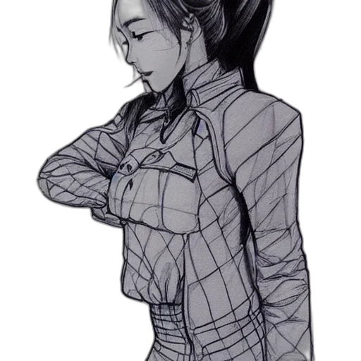 jacket, dress, staff, face, concept art, comic book art, pencil sketch, cyberpunk transparent PNG cut-out