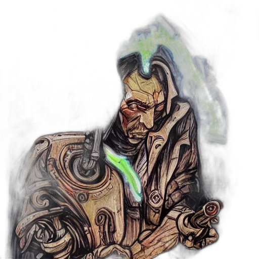 mask, robot, staff, jacket, concept art, fantasy art, comic book art, watercolor transparent PNG cut-out