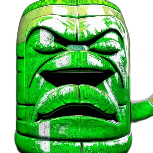 mask, bottle, face, creature, 3d render, concept art, green, closeup transparent PNG cut-out