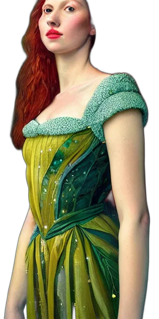 dress, fantasy art, photorealistic, oil painting, concept art, green, young, woman transparent PNG cut-out