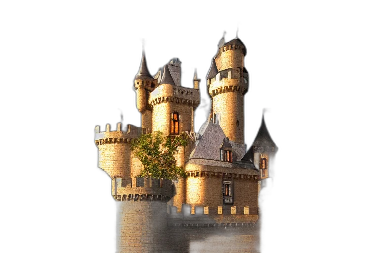 crown, building, dragon, sword, 3d render, concept art, fantasy art, photorealistic transparent PNG cut-out