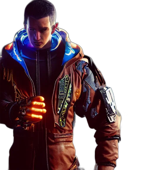 jacket, cyberpunk, concept art, 3d render, neon lights, neon, charismatic, rugged transparent PNG cut-out