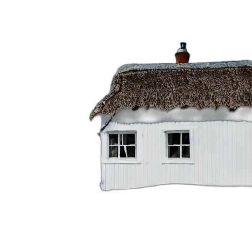 building, 3d render, photorealistic, snow, whitewashed, cottage, windswept, beach transparent PNG cut-out