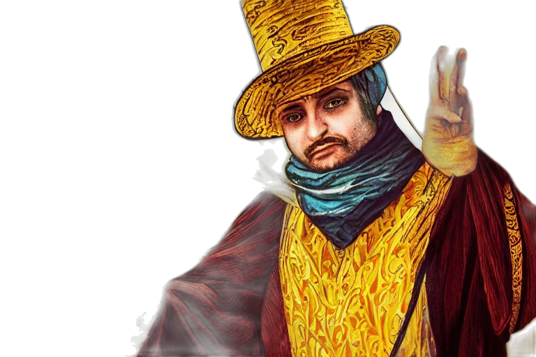 hat, staff, concept art, comic book art, fantasy art, photorealistic, magician, tarot transparent PNG cut-out