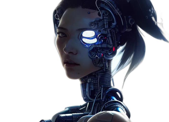 robot, face, cyberpunk, concept art, comic book art, 3d render, neon lights, blue transparent PNG cut-out