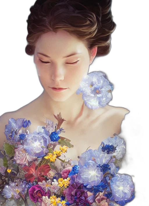 flower, dress, crown, face, photorealistic, oil painting, fantasy art, watercolor transparent PNG cut-out