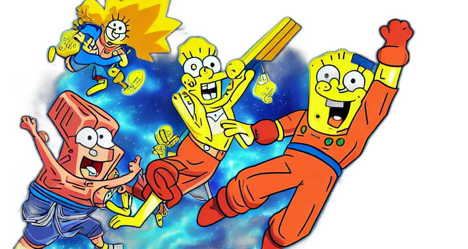concept art, comic book art, outer space, spongebob, fighting, goku, space, digital transparent PNG cut-out