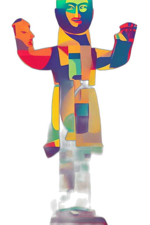 jacket, robot, staff, dress, 3d render, pixel art, concept art, vaporwave transparent PNG cut-out