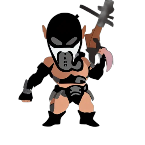 weapon, robot, mask, concept art, comic book art, cartoon, pixel art, dark transparent PNG cut-out