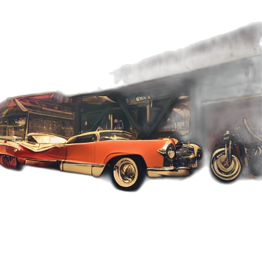 car, weapon, concept art, photorealistic, 3d render, comic book art, fire, parked transparent PNG cut-out