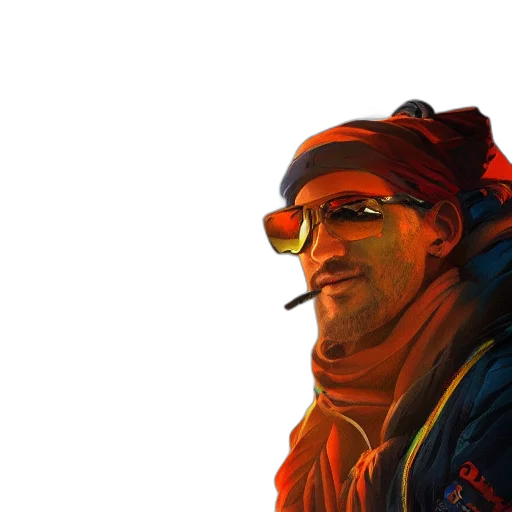 jacket, face, hat, staff, concept art, cyberpunk, photorealistic, watercolor transparent PNG cut-out