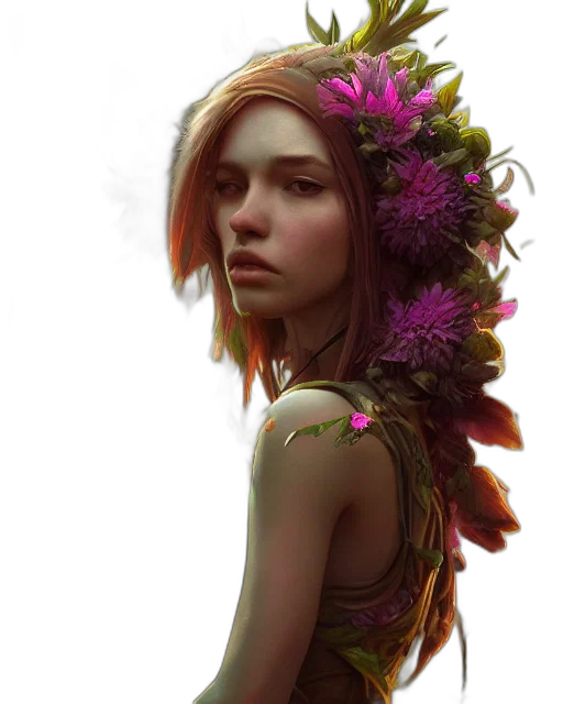 flower, crown, face, fantasy art, photorealistic, concept art, oil painting, forest transparent PNG cut-out