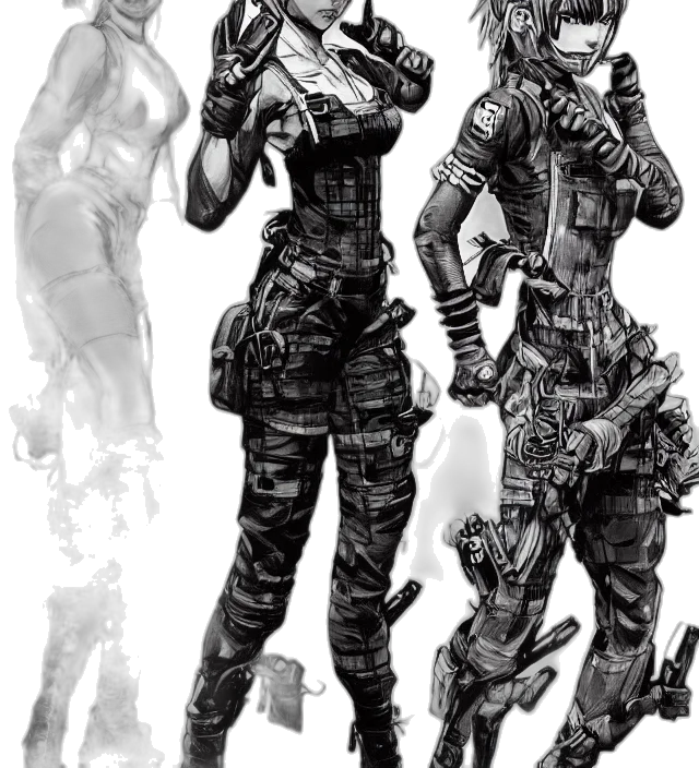 concept art, cyberpunk, comic book art, fantasy art, monochrome, full, body, pose transparent PNG cut-out