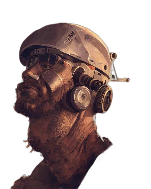 mask, face, robot, staff, concept art, cyberpunk, photorealistic, comic book art transparent PNG cut-out
