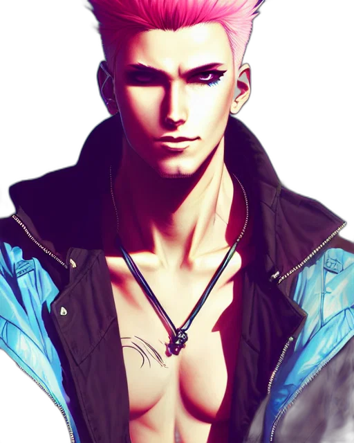 jacket, face, cyberpunk, photorealistic, concept art, fantasy art, neon, blue transparent PNG cut-out