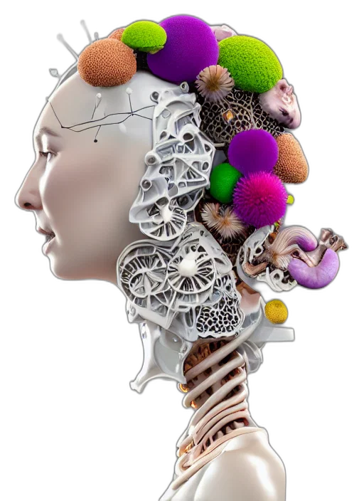 jewelry, crown, robot, biomechanical, beautiful, woman, portrait, smooth transparent PNG cut-out
