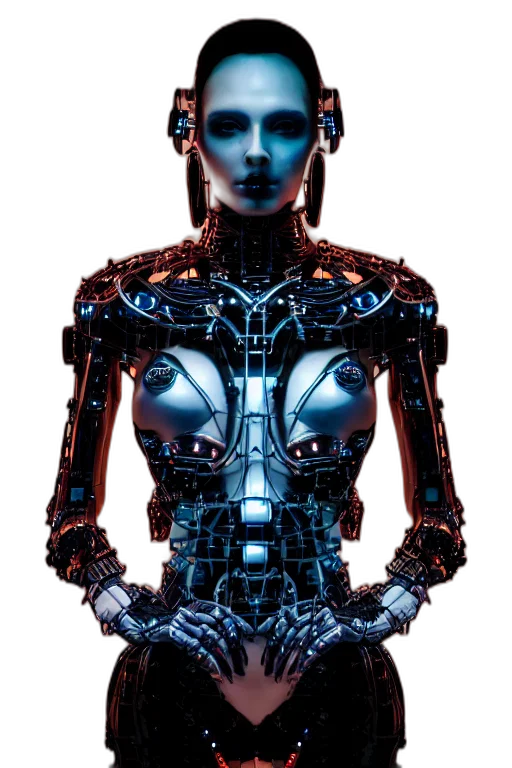 robot, jewelry, dress, face, cyberpunk, concept art, 3d render, comic book art transparent PNG cut-out