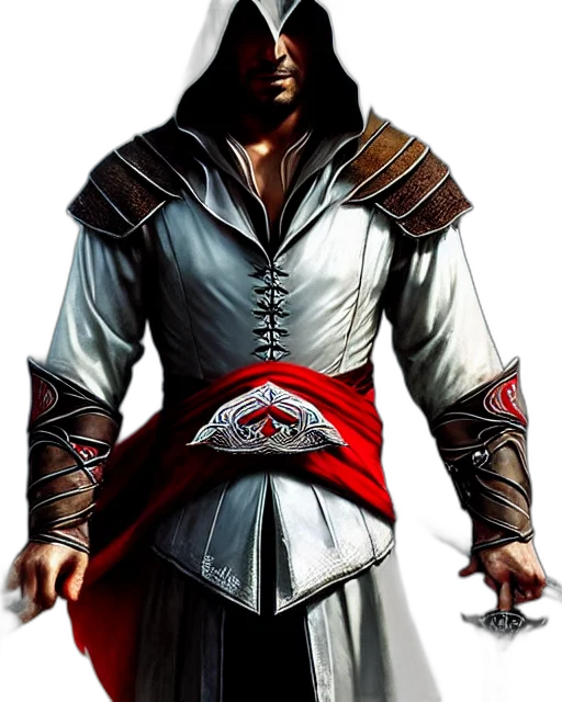 sword, jacket, fantasy art, concept art, photorealistic, 3d render, red, ezio transparent PNG cut-out