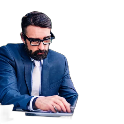 staff, man, wearing, suit, working, laptop, short, hair transparent PNG cut-out