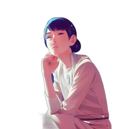 face, jacket, dress, staff, anime, vaporwave, concept art, photorealistic transparent PNG cut-out