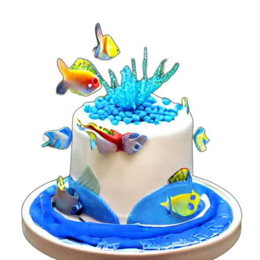 3d render, photorealistic, underwater, fish, themed, birthday, cake, food transparent PNG cut-out