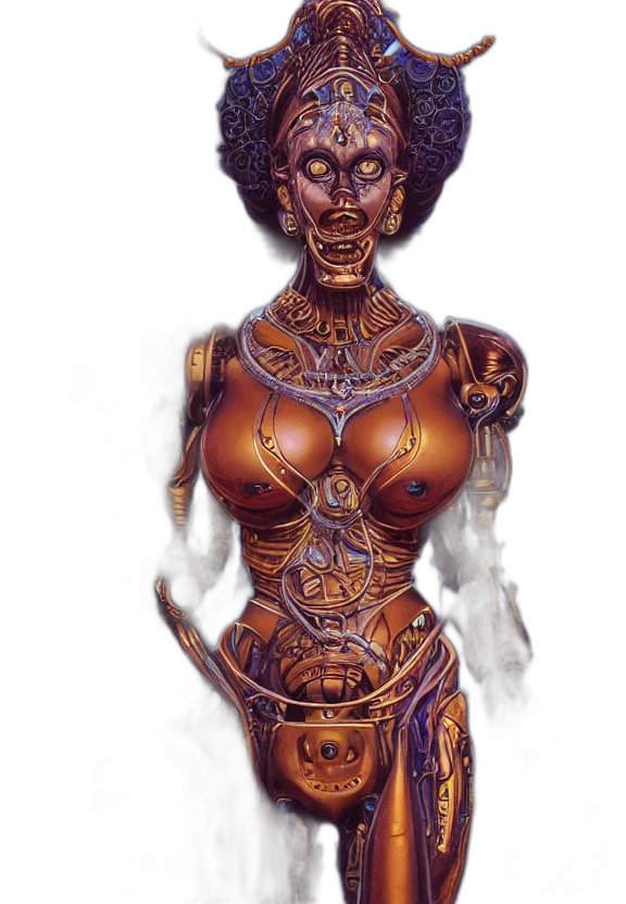 robot, dress, jewelry, concept art, fantasy art, comic book art, 3d render, outer space transparent PNG cut-out