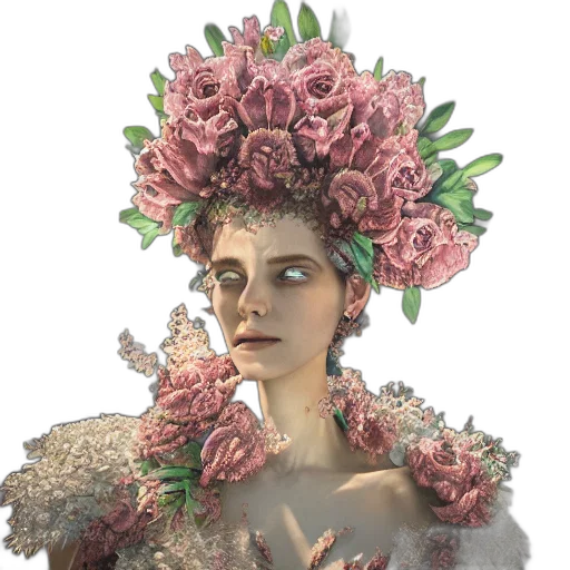 crown, flower, face, hat, fantasy art, concept art, photorealistic, 3d render transparent PNG cut-out