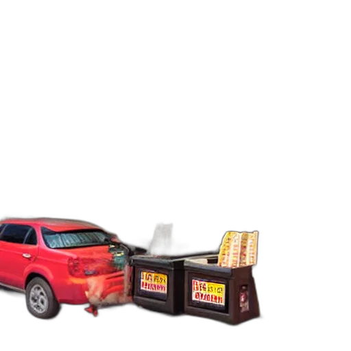 car, furniture, 3d render, concept art, city street, fire, photo, fast transparent PNG cut-out