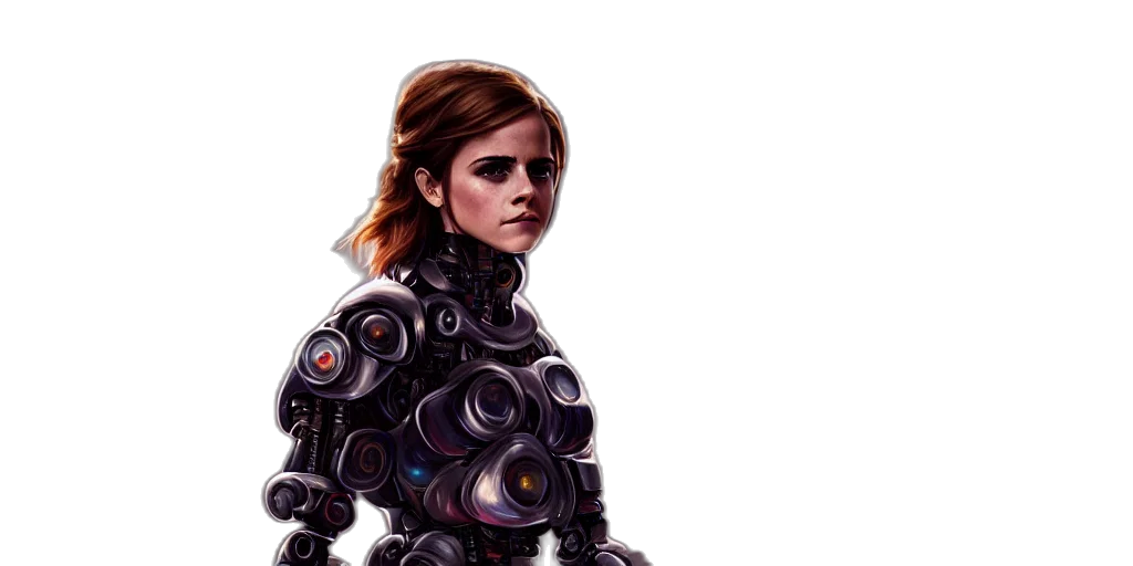robot, concept art, cyberpunk, comic book art, 3d render, emma, watson, chrome transparent PNG cut-out