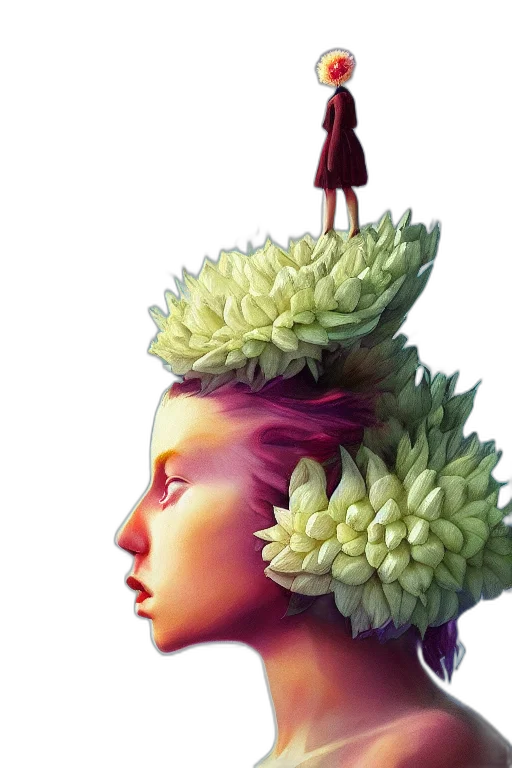 crown, hat, face, flower, concept art, photorealistic, 3d render, fantasy art transparent PNG cut-out