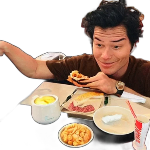 food, photorealistic, famous, hollywood, personality, eating, wagyu, steak transparent PNG cut-out