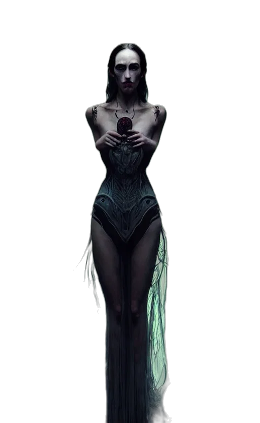 dress, creature, fantasy art, concept art, comic book art, cyberpunk, dark, green transparent PNG cut-out