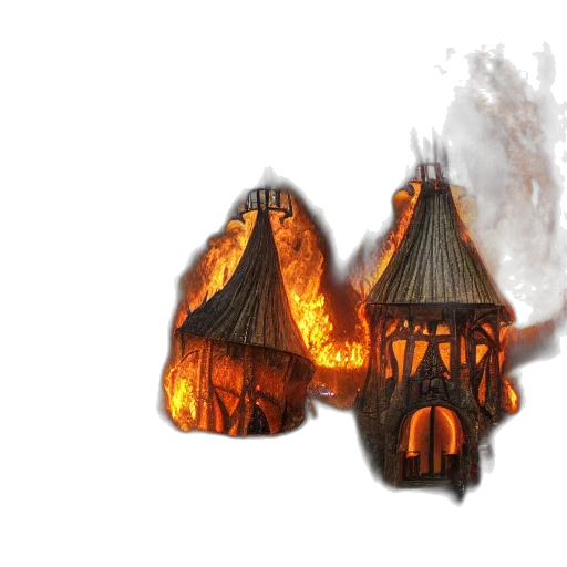 concept art, 3d render, fantasy art, photorealistic, fire, burning, medieval, hobbit transparent PNG cut-out