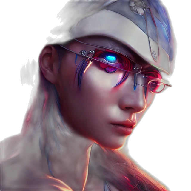face, hat, robot, staff, cyberpunk, photorealistic, fantasy art, anime transparent PNG cut-out