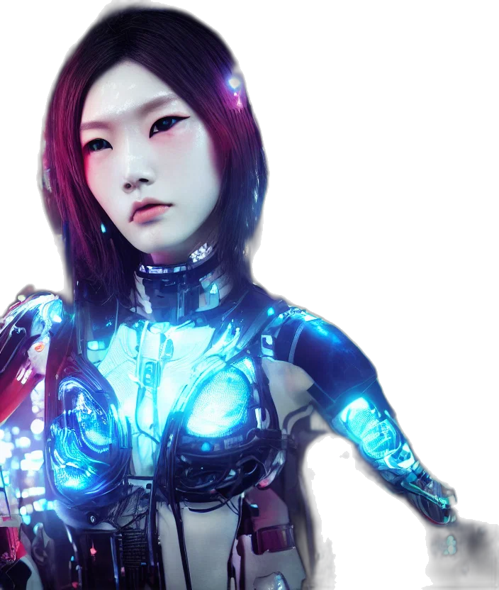 robot, cyberpunk, 3d render, concept art, fantasy art, neon lights, japanese, model transparent PNG cut-out