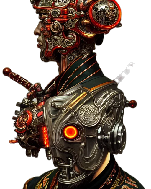 robot, face, mask, staff, concept art, cyberpunk, fantasy art, comic book art transparent PNG cut-out