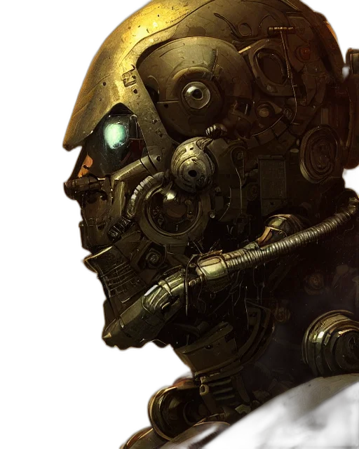 robot, face, mask, concept art, cyberpunk, comic book art, photorealistic, golden transparent PNG cut-out