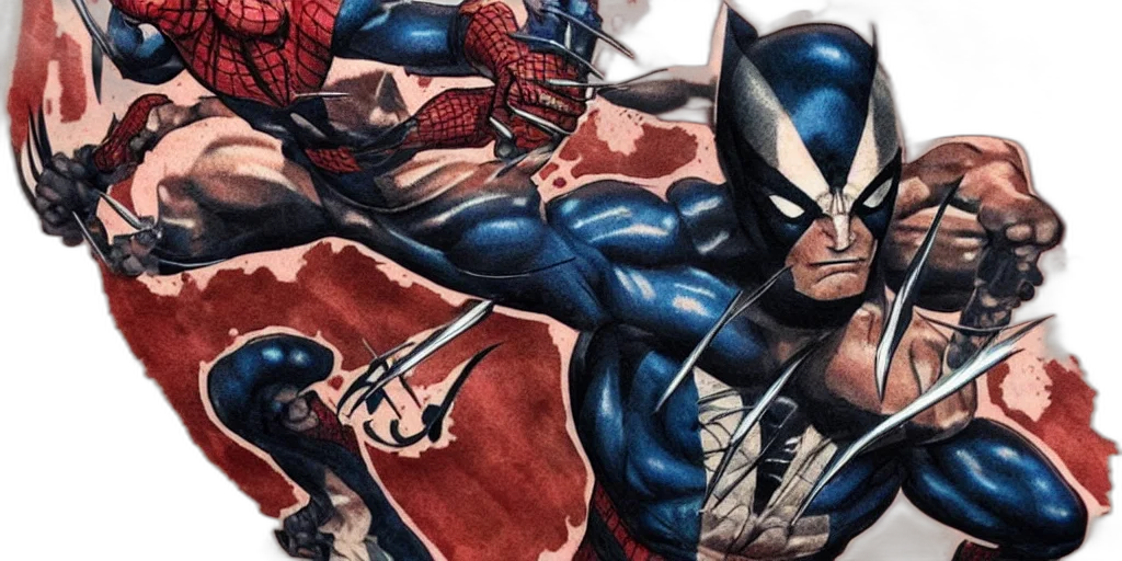comic book art, wolverine, fighting, spiderman, tattoo, high, detailed, contrast transparent PNG cut-out