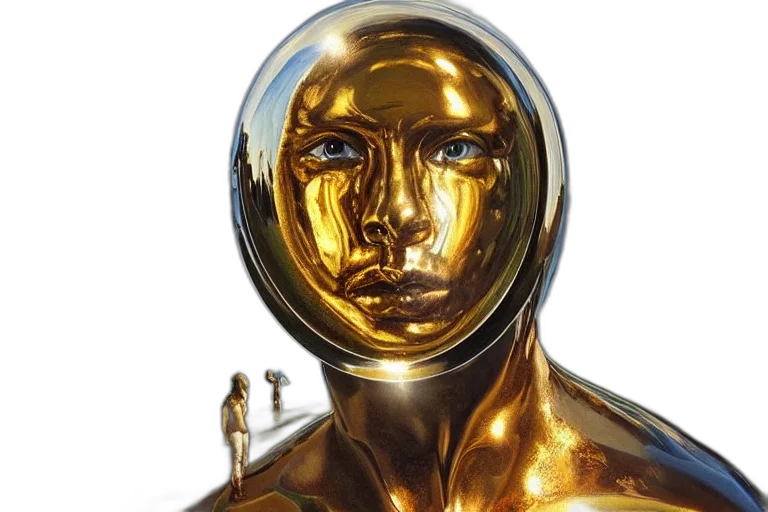 robot, mask, face, concept art, 3d render, outer space, golden, homo transparent PNG cut-out