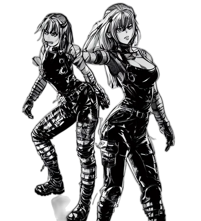 concept art, comic book art, cyberpunk, cartoon, monochrome, dark, full, body transparent PNG cut-out