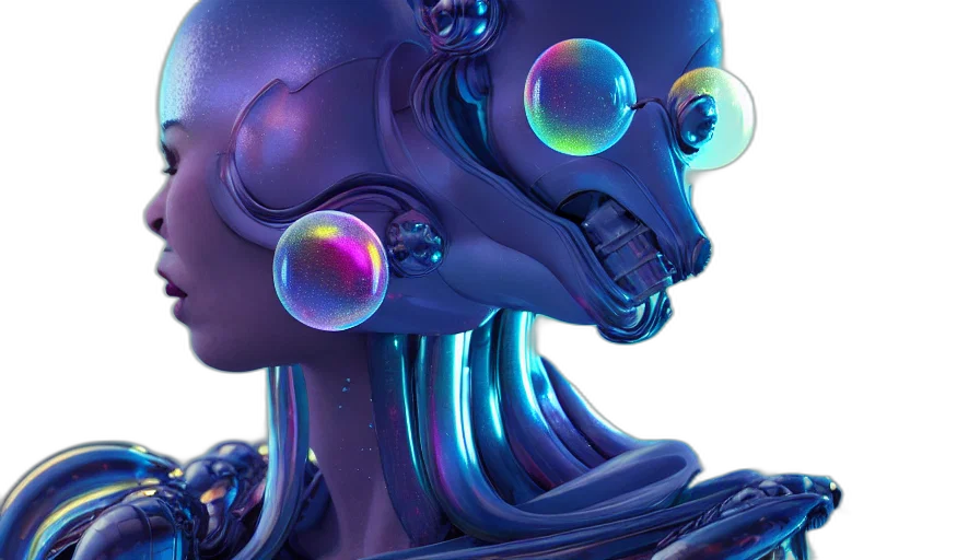 robot, creature, cyberpunk, 3d render, concept art, vaporwave, neon lights, blue transparent PNG cut-out