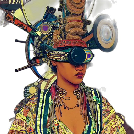 mask, robot, jewelry, staff, cyberpunk, concept art, comic book art, fantasy art transparent PNG cut-out
