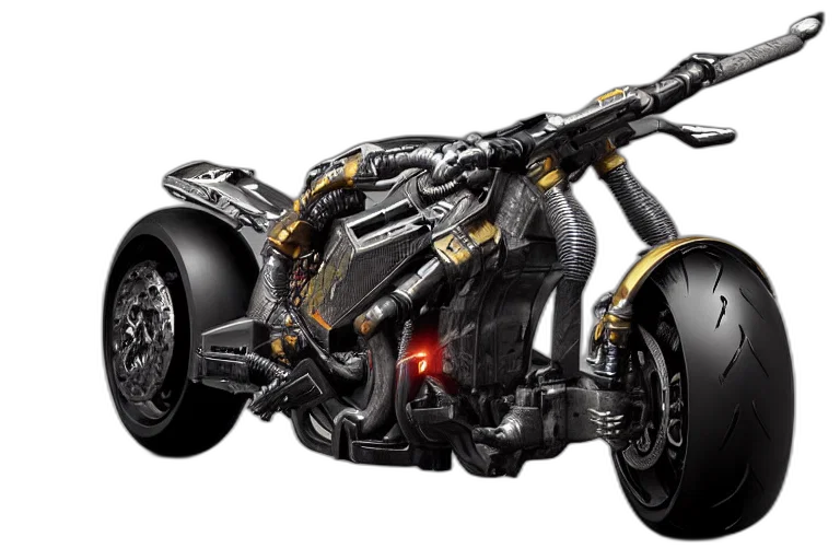 weapon, robot, car, 3d render, concept art, cyberpunk, photorealistic, motorcycle transparent PNG cut-out