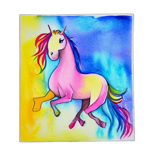animal, watercolor, fantasy art, concept art, photorealistic, unicorn, sliding, rainbow transparent PNG cut-out