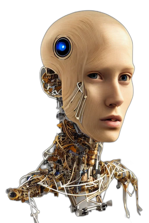 robot, face, 3d render, cyberpunk, concept art, photorealistic, human, female transparent PNG cut-out